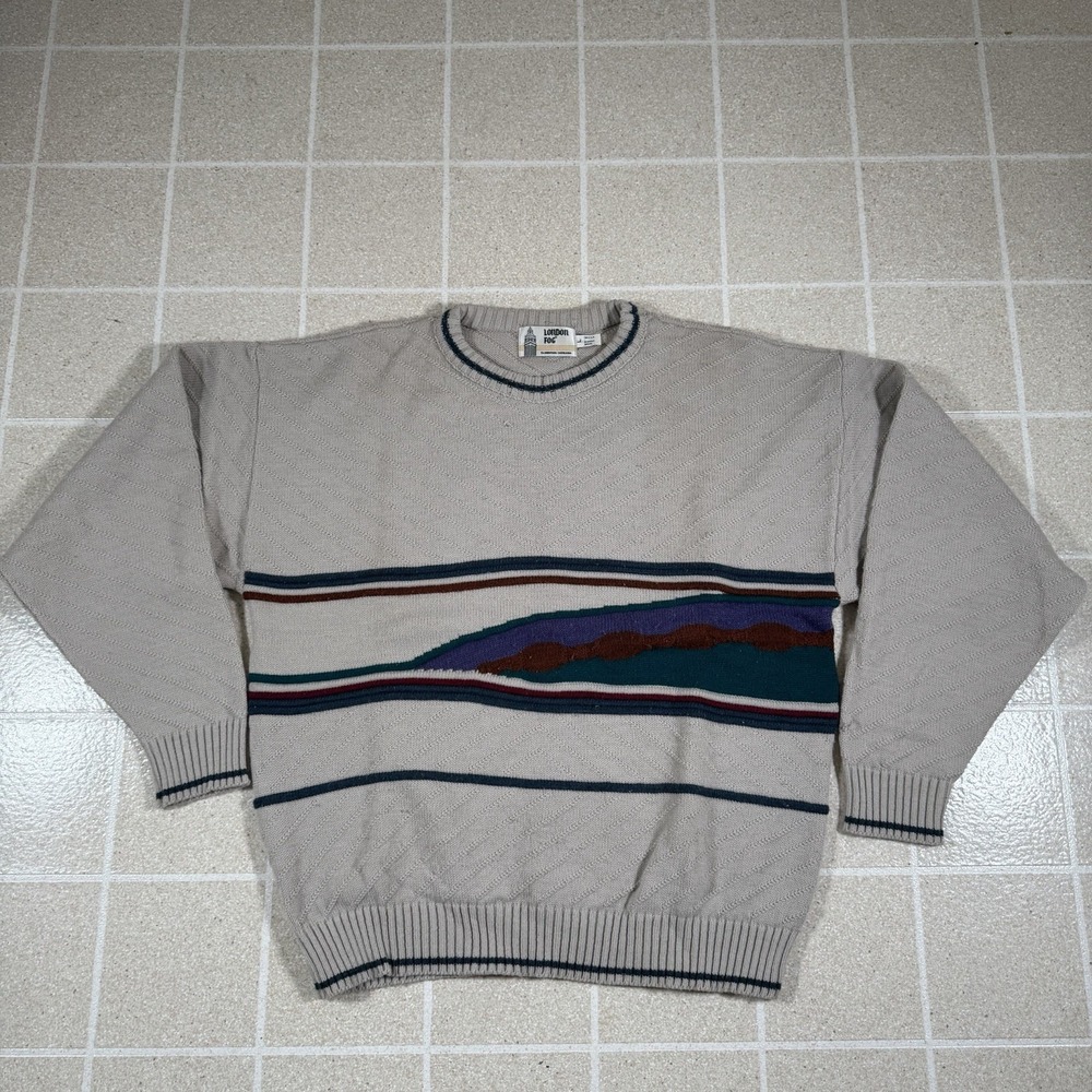 Vtg London Fog 3D Knit Cable Sweater  Wool Blend Made USA Fisherman Chunky Sz L